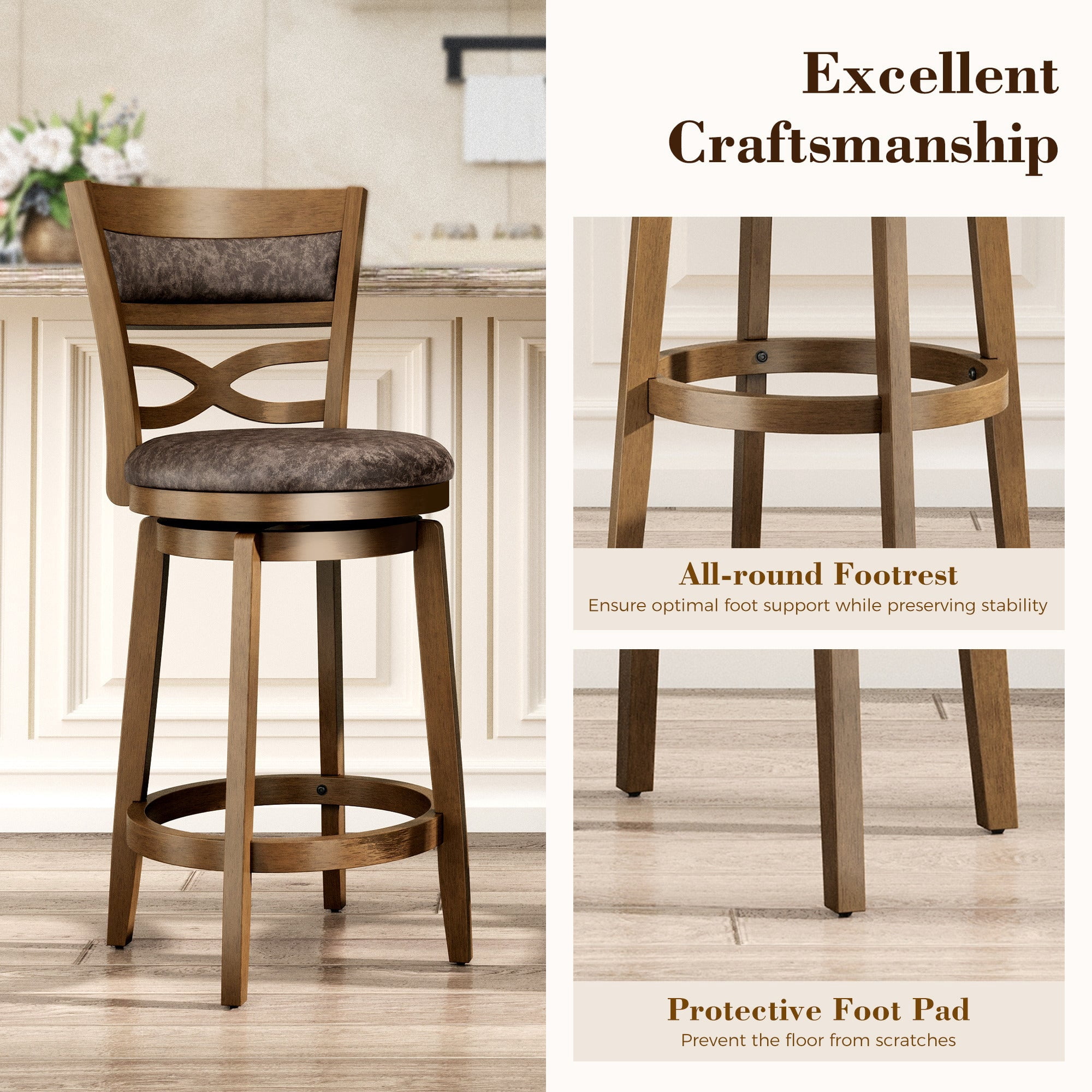 MF Studio 26" Counter Height Bar Stool with Back Set of 2, Wood Swivel Bar Stool with Thick Upholstery Back & Extra Large Seat, Jacobean