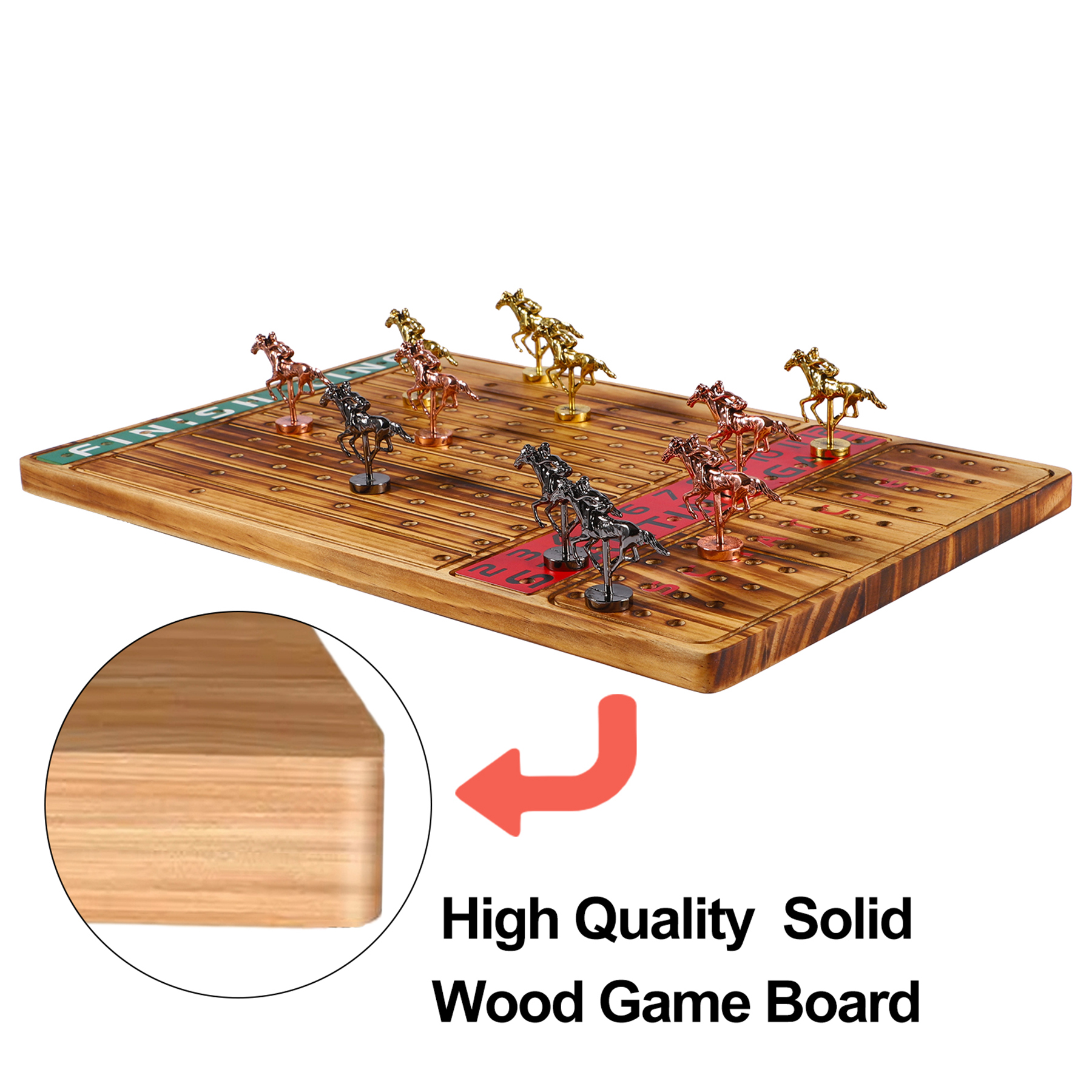 Grhonior Horse Racing Board Game Thickened Wood Finish Line Horse Race Game with 11 Metal Horses for Parties and Gambling