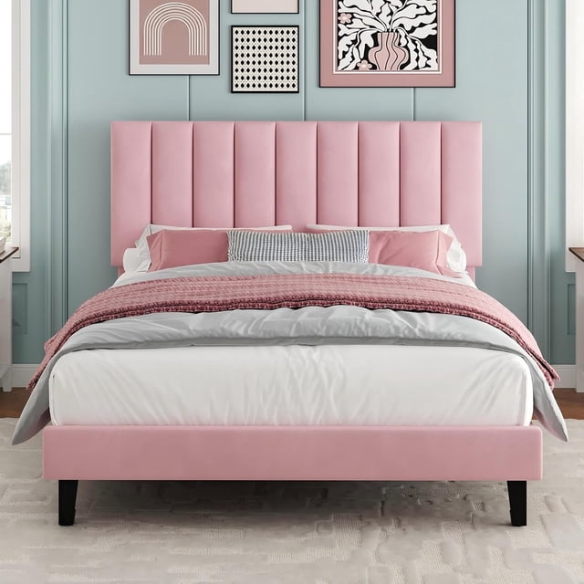 Full Size Bed Frame, Velvet Upholstered Platform Bed with Adjustable Vertical Channel Tufted Headboard, No Box Spring Needed, Easy Assembly, Pink