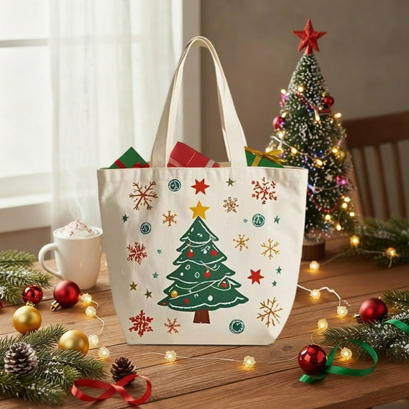 Antqov Christmas Canvas Tote Bag Reusable Santa Claus Christmas Gift Bag Large Capacity Tote Pouch for Home Office Supplies Gifts for Women