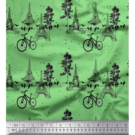 Soimoi Green Cotton Duck Fabric Bicycle & Eiffel Tower Architectural Print Fabric by Yard 42 Inch Wide