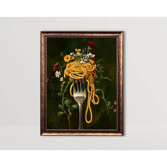 Spaghetti On Fork, Pasta Wall Art Moody Whimsical Kitchen Decor Fun Italian Food Poster Dark Green Flowers Italy Dining Room Poster Home Decor, 8x12 UNFRAMED