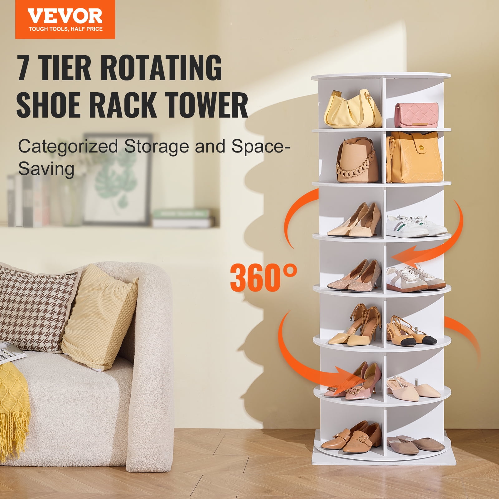 KFFKFF 7-Level Rotating Footwear Storage Tower, 360° Circular Shoe Showcase, Rotational Footwear Storage Carousel, Round Shoe Organizer with Stand for Bedroom, Living Room, Foyer, in White