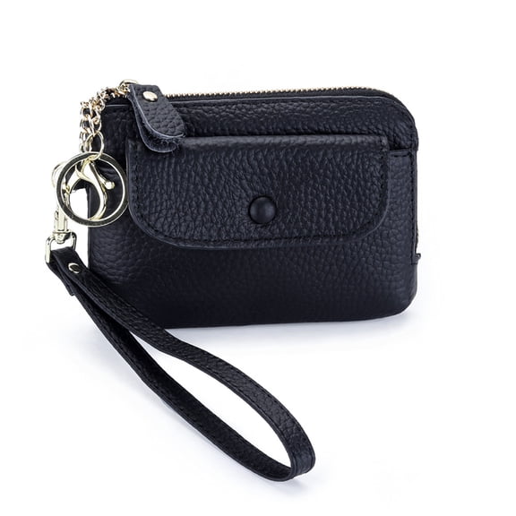 Genuine Leather Coin Purse, Detachable Wristlet Keychain Wallet with Snap Pocket & Back Zipper Pocket, Small Multi-Functional Leather Change Purse for Women