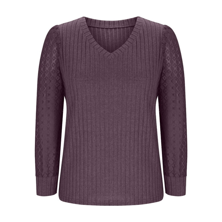 LCZIWO Women's Waffle Knit Sweater – Long Sleeve V-Neck Pullover With Lace Patchwork, Fall Tops