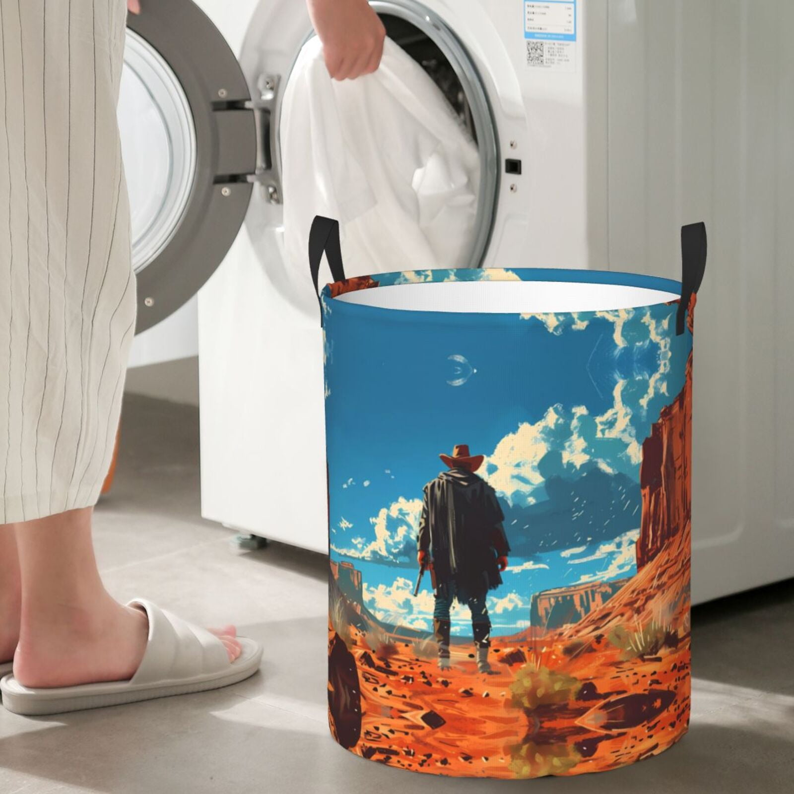 Large Laundry Basket with Handles - Lone Cowboy Desert Scene Kids Baby Dirty Clothes Laundry Hamper for Bedroom Aesthetic