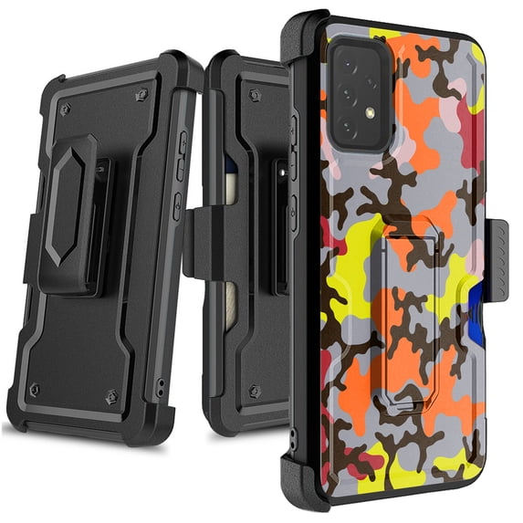 DALUX Card Holster Kickstand Phone Case Compatible with Galaxy A32 5G (2021) 6.5 inch - Orange Stylish Camo