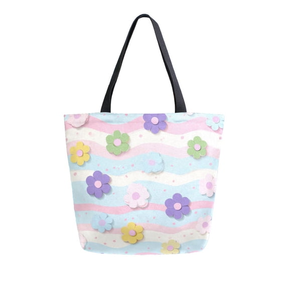 Open Top Canvas Shoulder Handbag with Interior Zipper Pocket Large-Capacity Tote Bag Little Flowers on The Waves