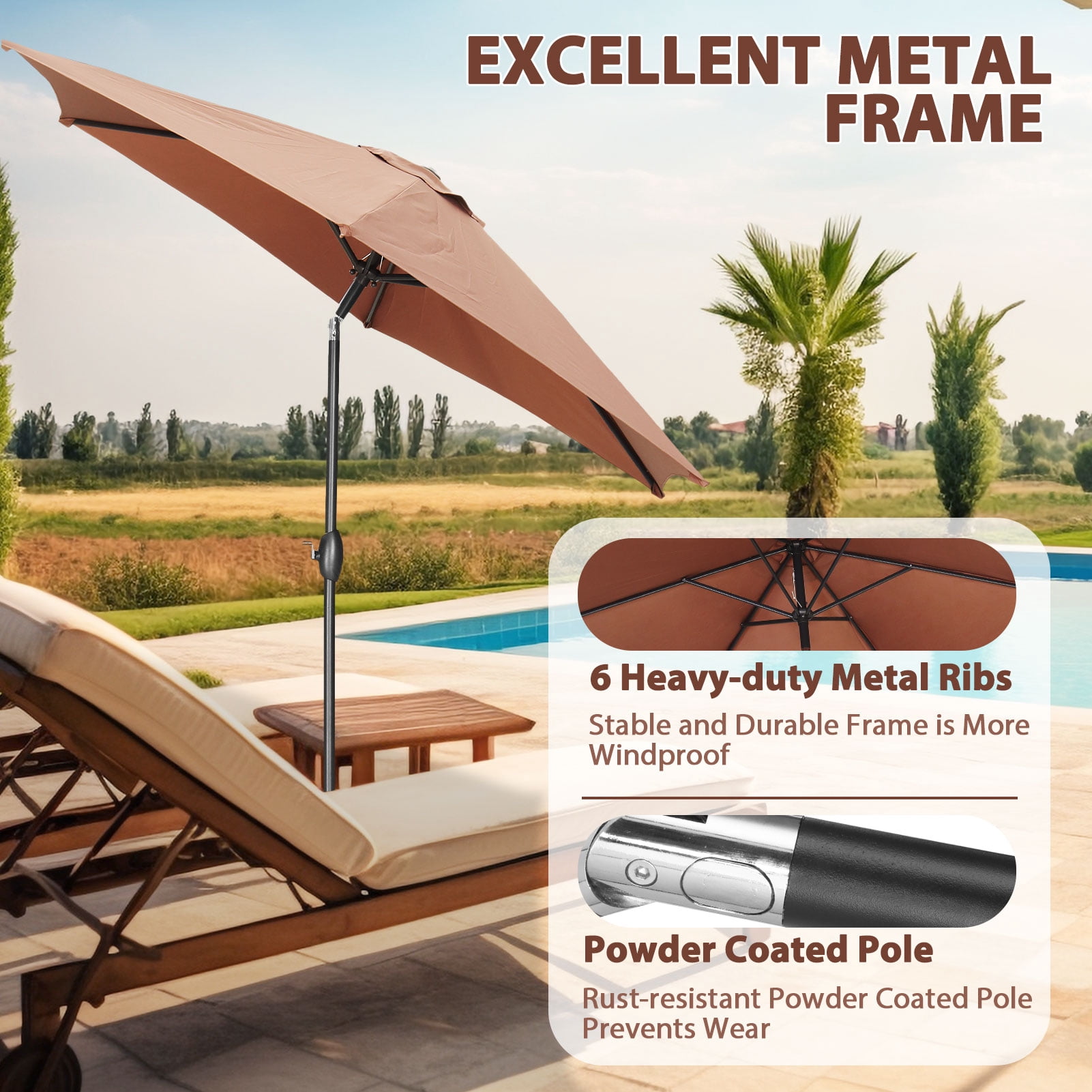 Autlaycil 9ft Outdoor Patio Umbrellas 6 Ribs W/ Tilt & Crank Patio Table Umbrella for Patio, Garden and Poolside- Coffee