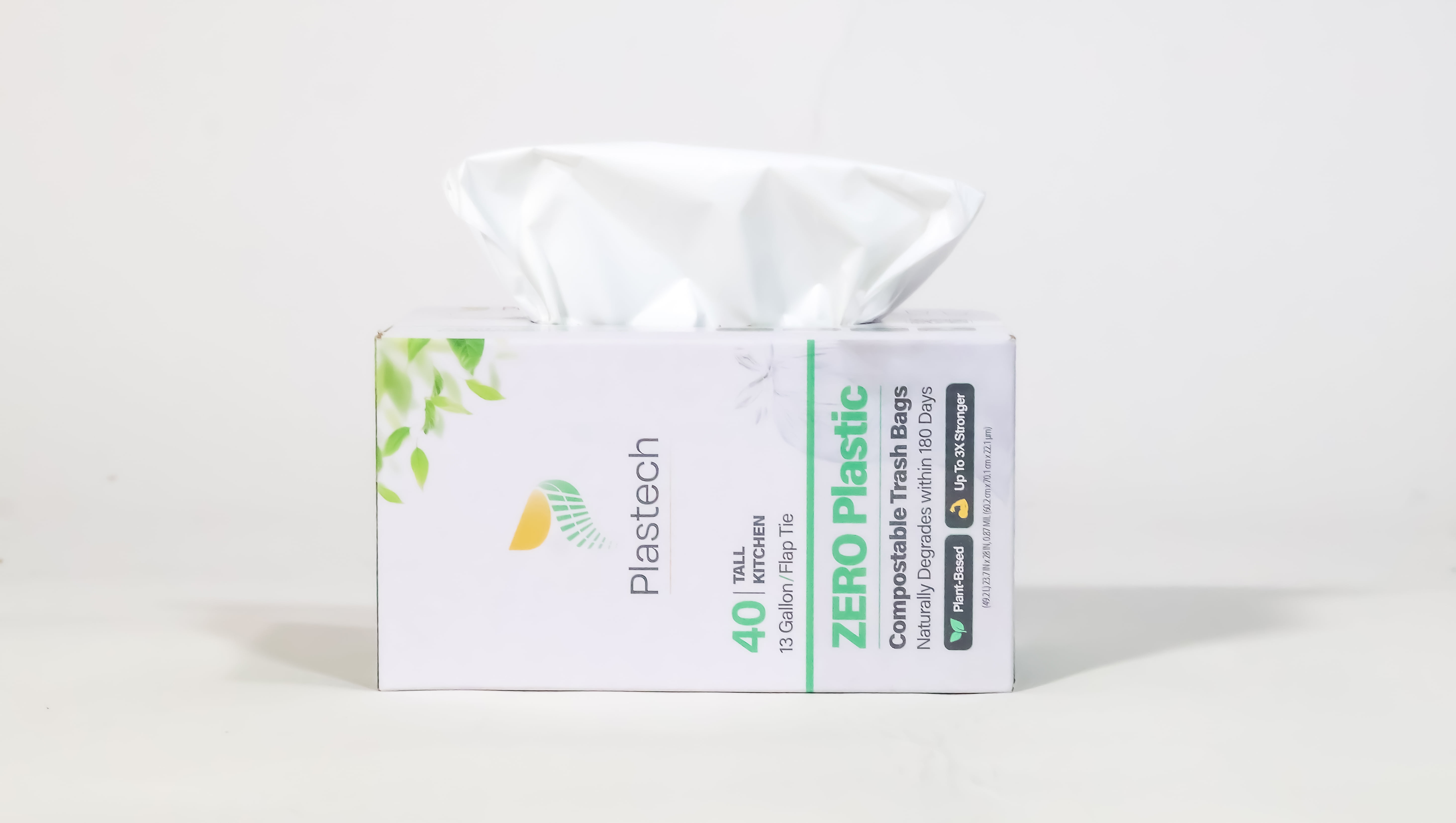 Plastech 13 Gallon Trash Bags with Flap-Tie - ZERO Plastic, 100% Certified Home Compostable, Plant-Based, Kitchen, White, 480 Bags, 23.75 x 28 inches, 12 Retail Boxes