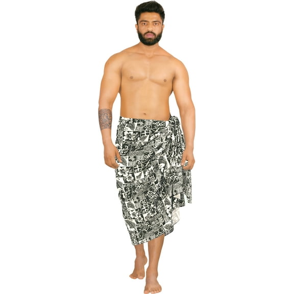 HAPPY BAY Men's Standard Swimsuits Sarong Pareo Beach Wrap One Size Ebony, Hawaiian Collage Summer Vacation Aloha