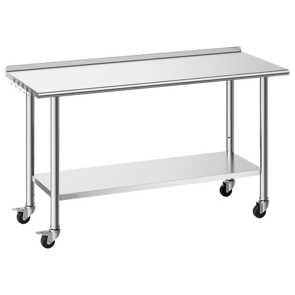 VEVOR Stainless Steel Work Table, 24x60 inch Food Prep Table with Wheels and Backsplash, Commercial Kitchen Workstation with Adjustable Undershelf, Metal Utility Worktable, for Restaurant Home
