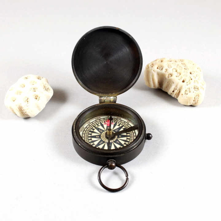 Antique Black Nautical Compass with Hinged Brass and Alloy Leather Case Metal and Glass Construction