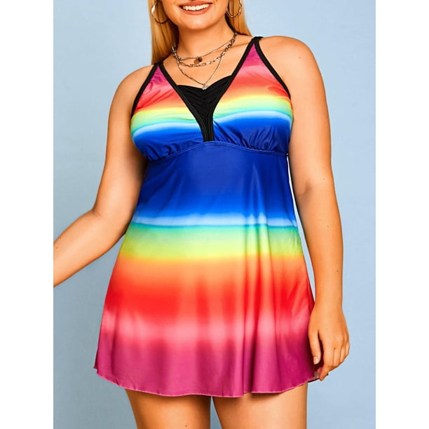 Talla grande del arco iris Color de la cintura del imperio Tankini Tankini Rosegal Camisetas sin mangas de talla grande
