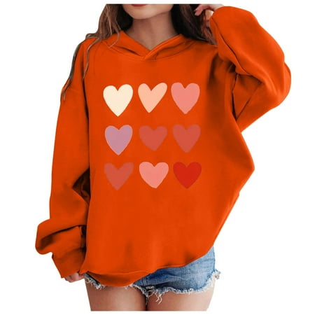 kpoplk Girl s Hoodies Graphic Print Long Sleeve Sweatshirt Casual Pullover Tops 8-9 Years Orange