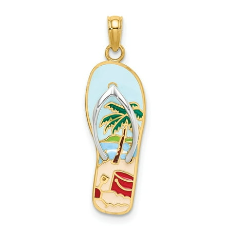 Gold Enamel Palm Tree - 14k Yellow Gold Enamel Palm Tree & Bucket Flip-Flop Charm Pendant