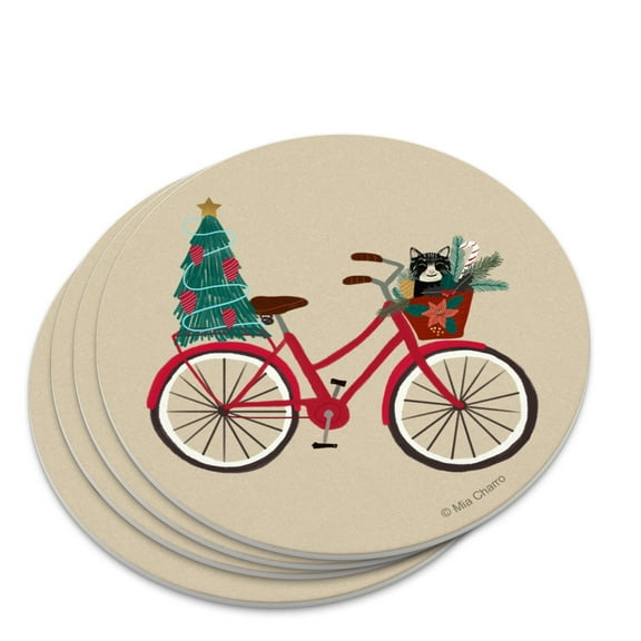 Christmas Bicycle Bike and Cat in Basket Novelty Coaster Set