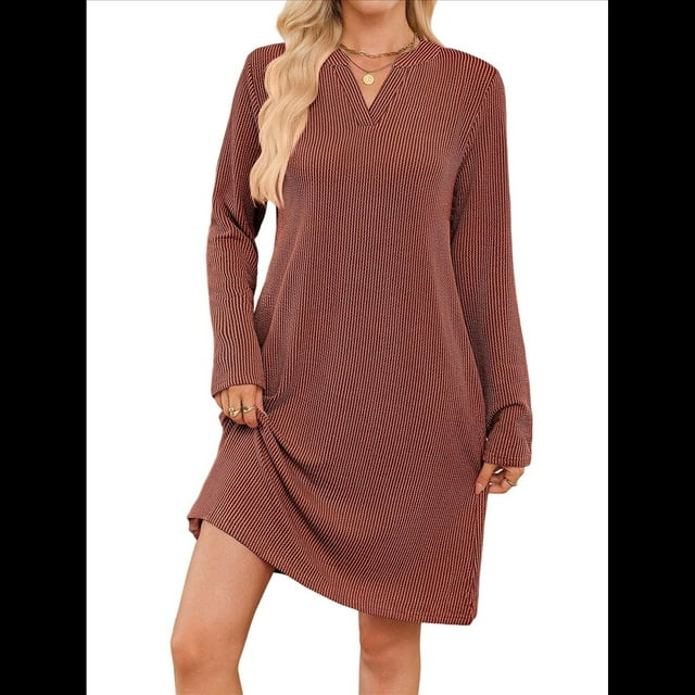 Vestido Informal de Larga con Bolsillos y Cuello en V para Mujer, Holgado, para Otoño e Invierno Color Caramelo M