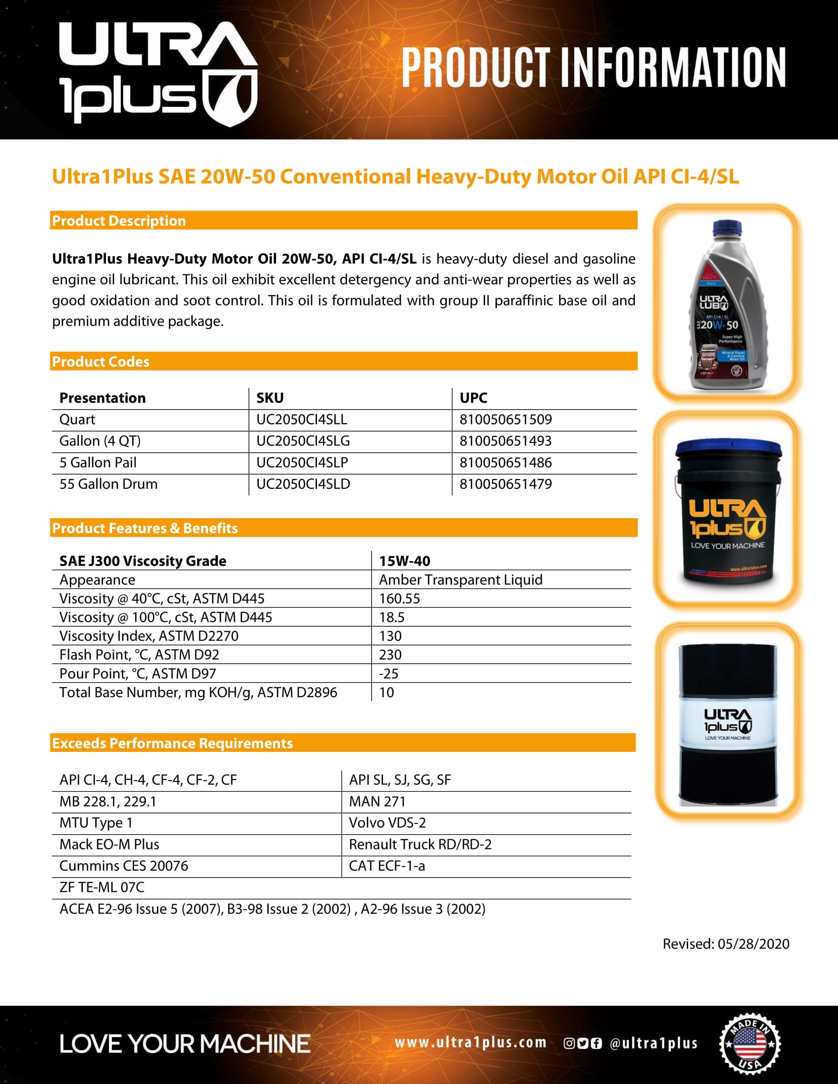 Ultra1Plus SAE 20W-50 Heavy-Duty Motor Oil, API CI-4/SL | Gallon (4 QT)