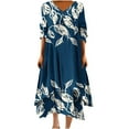 thumbnail image 2 of Drses Women Midi Dress Casual Loose Printed Irregular Buttoned Hem V-Neck 3/4 Sleeve Pleated Summer Dresses, 2 of 5