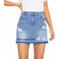 thumbnail image 1 of Falda de mezclilla pantalones cortos de mujer jeans borde crudo deshilachado elástico rasgado minifalda casual de cintura media 203-azul 4, 1 of 5