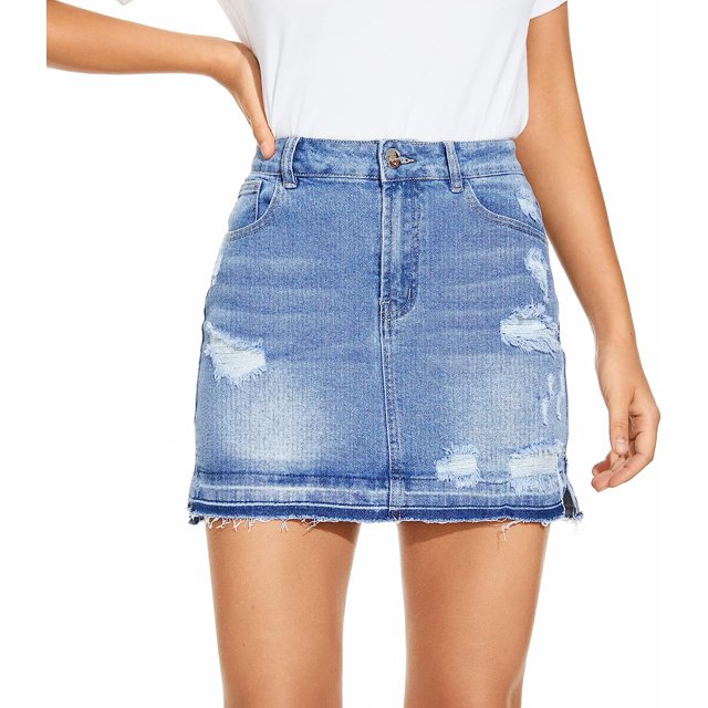 Falda de mezclilla pantalones cortos de mujer jeans borde crudo deshilachado elástico rasgado minifalda casual de cintura media 203-azul 4