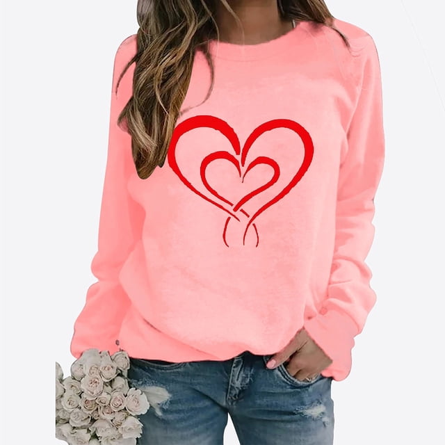Jsaierl Hauts de la Saint-Valentin pour Femmes T-Shirts Mignons à Imprimé Cœur d'Amour Décontractés à Manches Longues T-Shirts Tendance à Col Rond Blouses 2025