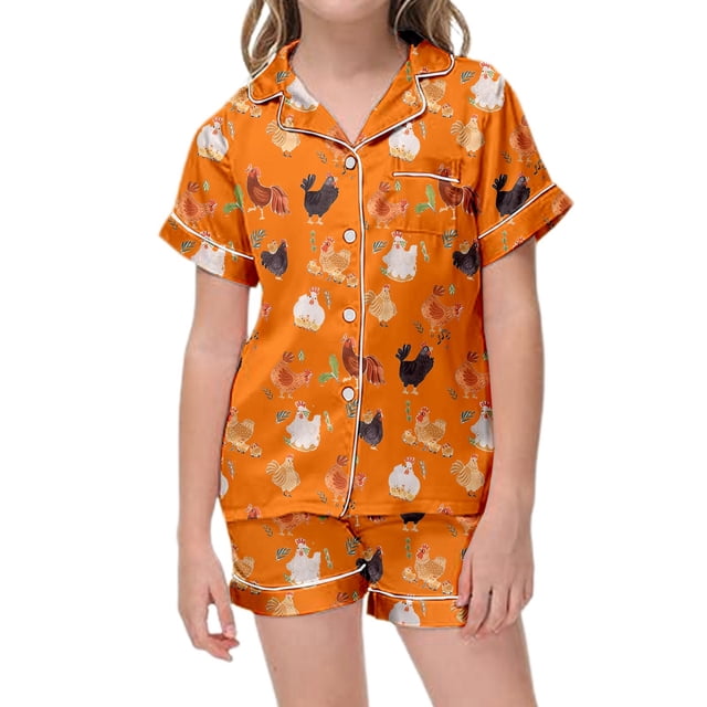 Baby Pajamas Rainbow Pattern Printed Short Sleeve Button Down Shorts Set Leisure Outfits Girls' Sleepwear Orange 8-9