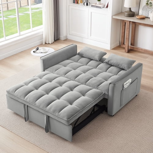 DRNANLIT 55.1 Inch 3-in-1 Convertible Bed, Modern Velvet Double Sofa Futon Sofa Bed With Adjustable Back, Storage Bag And Pillow, For Living Room, Bedroom (Light Gray)