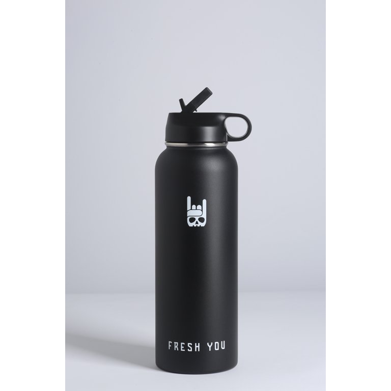 Alrisco 34 Oz Insulated Stainless Steel Bottle with Flip Straw Lids Wide  Mouth workout 3 Lids Hiking Work Water Drink Cold Hot Beverage Thermo  Regulated Flask Bottle - Black White Gradient 