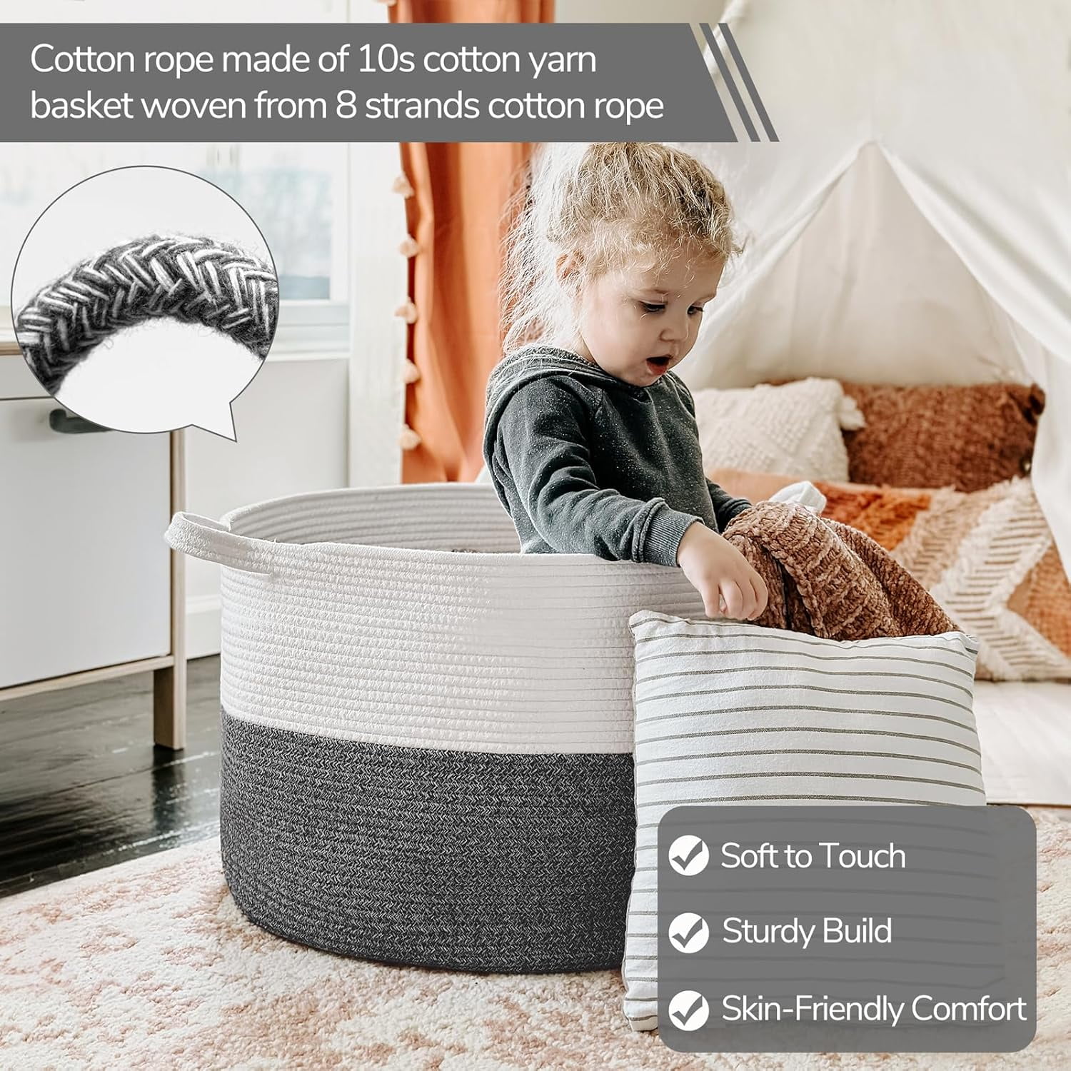 UniMall XXXLarge Cotton Rope Basket 21.7" x 21.7" x 13.8" Woven Baby Laundry Baskets Blanket Basket Toy Baskets with Handle Storage Comforter Cushions Gray Laundry Hamper