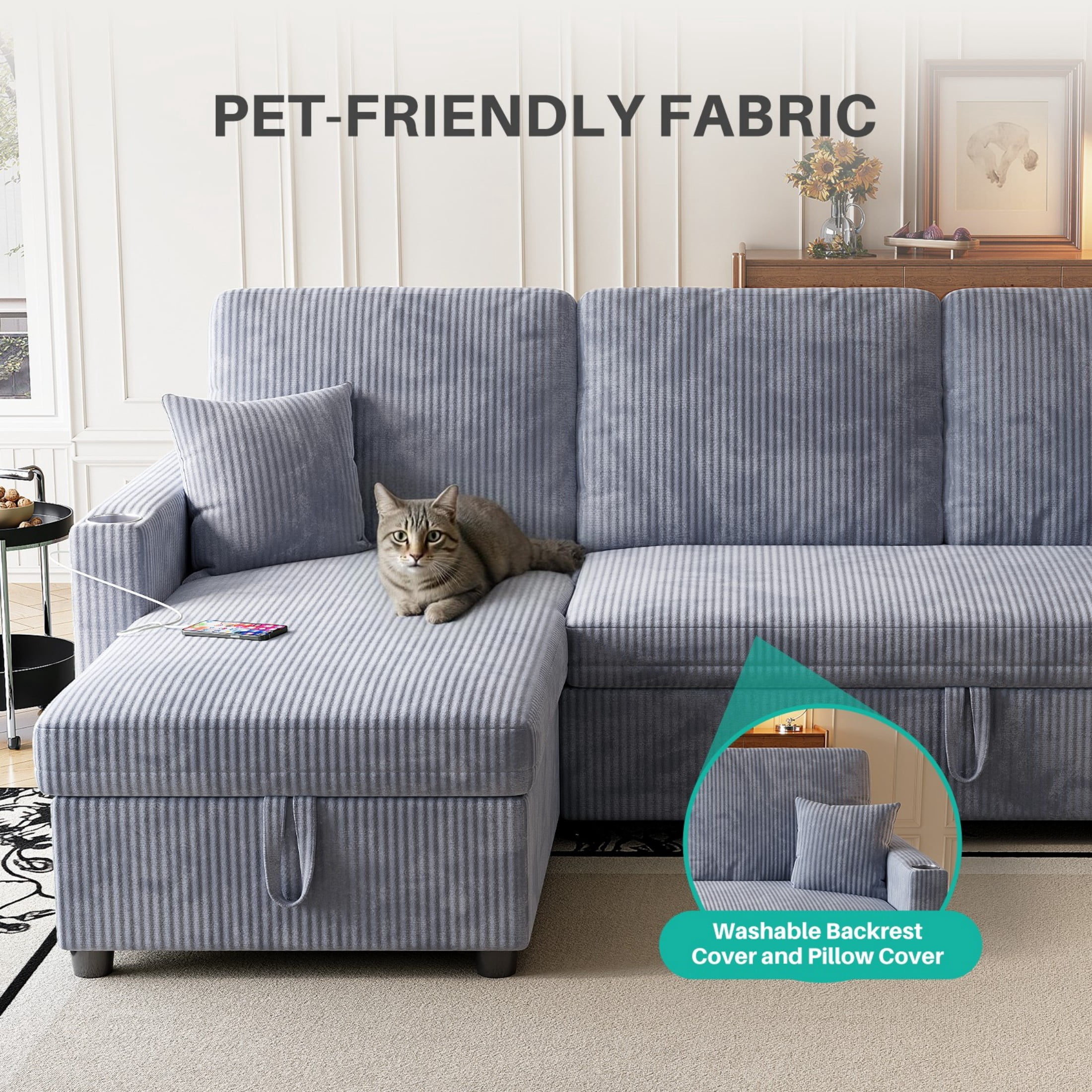 Sleeper Sectional Sofa, 83" Convertible Sofa Bed with Pull Out Couches, Small Desktop, L Shaped Couch with Reversible Chaise, Cup Holders, USB, Modern Corduroy Sofas for Living Room Apartment, Grey