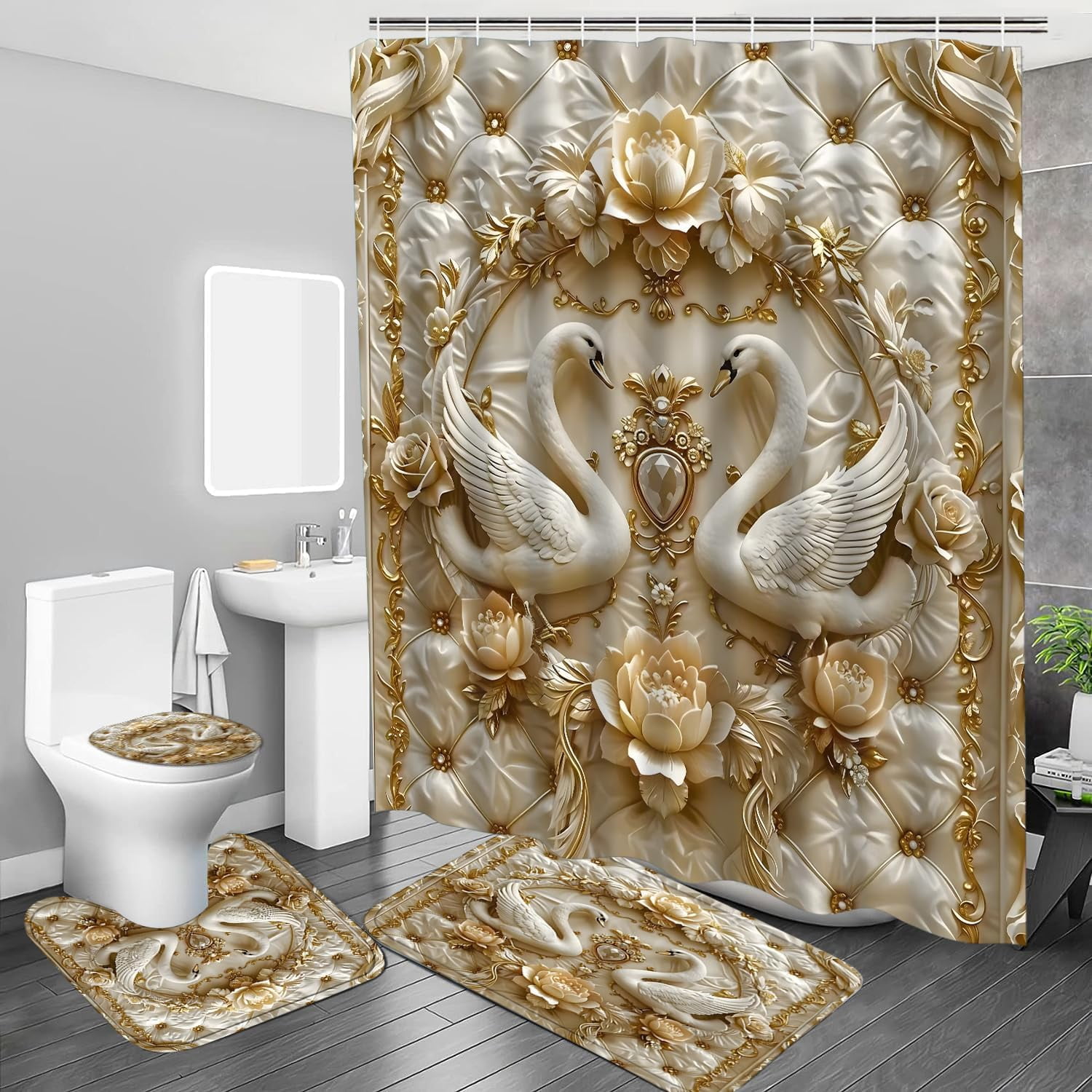4Pcs Spring Themed Shower Curtain Set with Rugs Vintage Butterflies Bathroom Sets Floral Shower Curtain with 12 Hooks Bathroom Decor with Rugs Bath Accessories with Mats Toilet Lid Cover