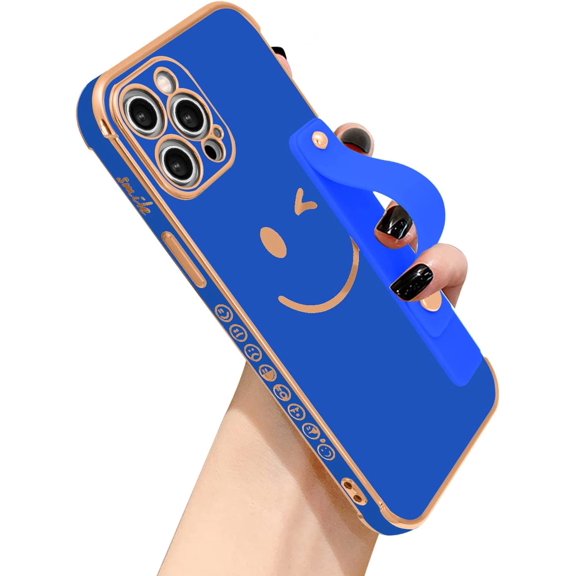 Compatible with iPhone 12 Pro Max Case for Women Girls,TPU Cute Plating Smiley Face Pattern Wristband Holder Case Camera Lens Protection Side Small Pattern Shockproof Wrist Strap Case-Blue