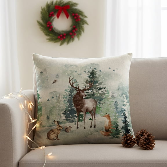 Sm:)e Watercolor Deer Winter Pillow Cover 18x18 Inch, Winter Holiday Decor for Sofa