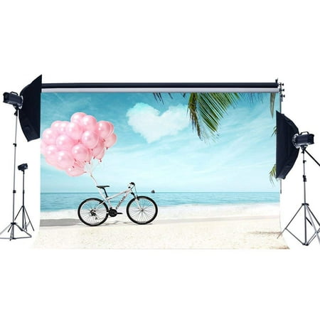 Image of ABPHOTO Polyester 7x5ft Seaside Sand Beach Backdrop Pink Balloons with Bicyale Coconut Tree Blue Sky White Cloud Nature Summer Journey Photography Background Girls Lover Wedding Photo Studio Props