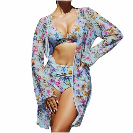 Royal Blue Women Sexy Hawaiian Seamless Triangle Two Piece with Slit Set Flower Top Swimsuits Bikini Tankinis Kimono Cover Up Shorts Sets for Women Beach Matching Lounge M