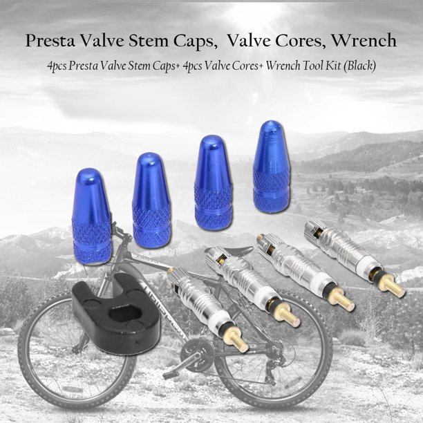 Núcleo De Válvula 4 tapas de vástago de válvula Presta + 4 núcleos de válvula + kit de herramientas de llave (azul)
