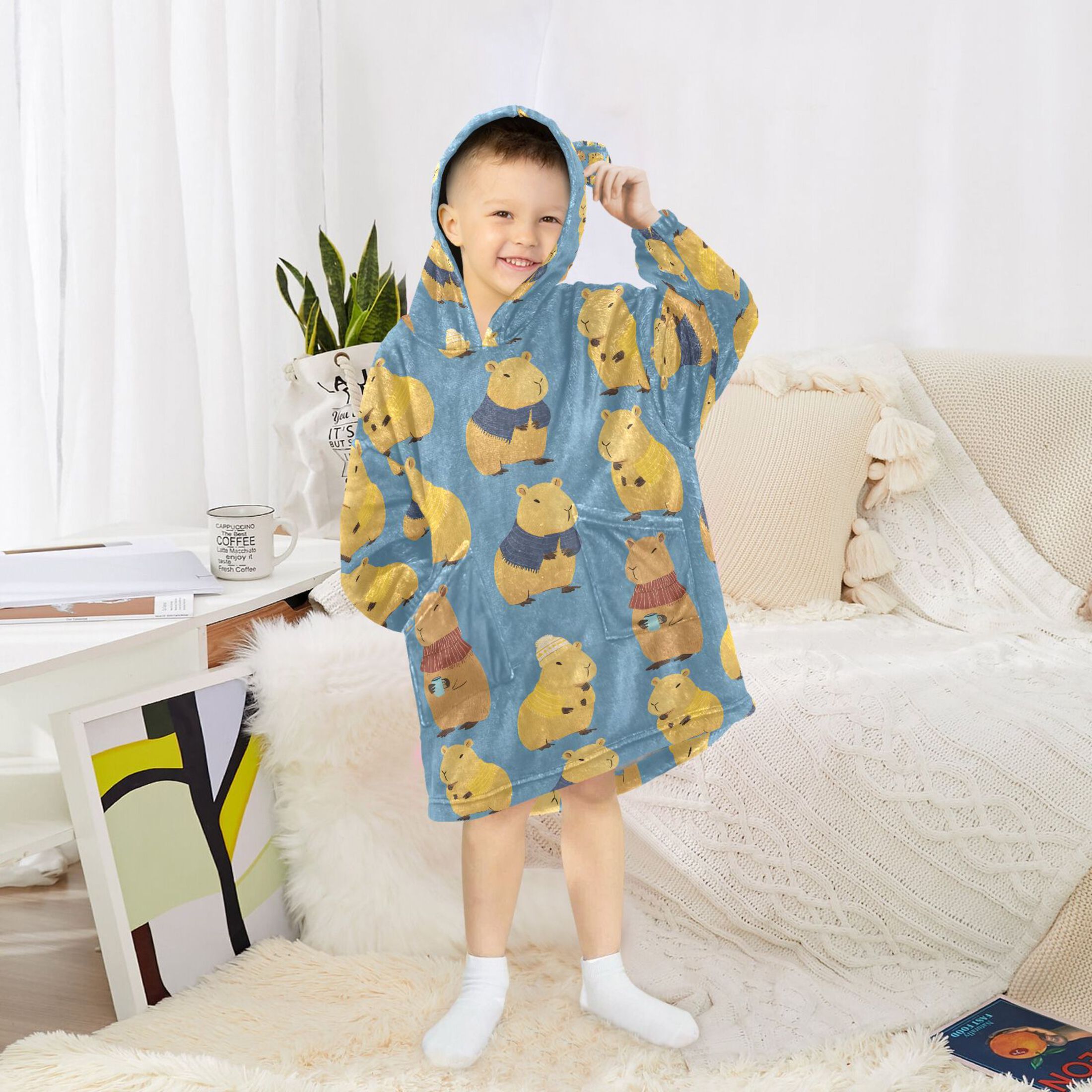 joogoo Blanket Hoodie for Capybara Blue Oversize Sweatshirt 3-14 YR L