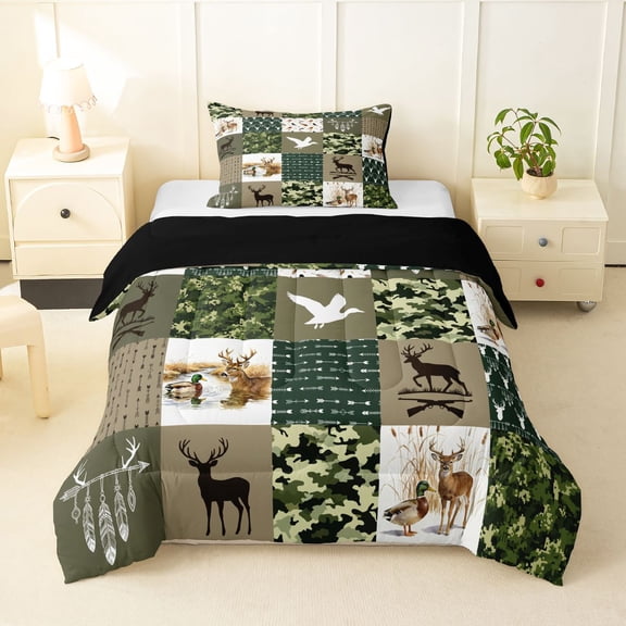 Manfei Cute Bear Patch Twin Comforter Sets,Abstract Geometric Plaid Bedding Set,Green,Black Reversible,2 Pieces,1 Comforter and 1 Pillowcase