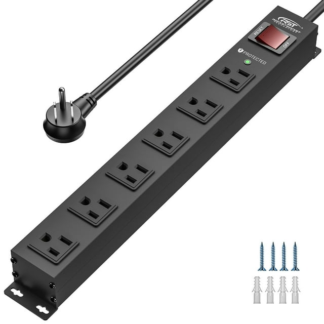 CRST Regleta de alimentación resistente de 6 salidas con interruptor, 15 A/1875 W, tira de alimentación montable de metal, protector contra sobretensiones, 2100 julios, barra de alimentación espaciada