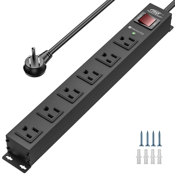 CRST Regleta de alimentación resistente de 6 salidas con interruptor, 15 A/1875 W, tira de alimentación montable de metal, protector contra sobretensiones, 2100 julios, barra de alimentación espaciada
