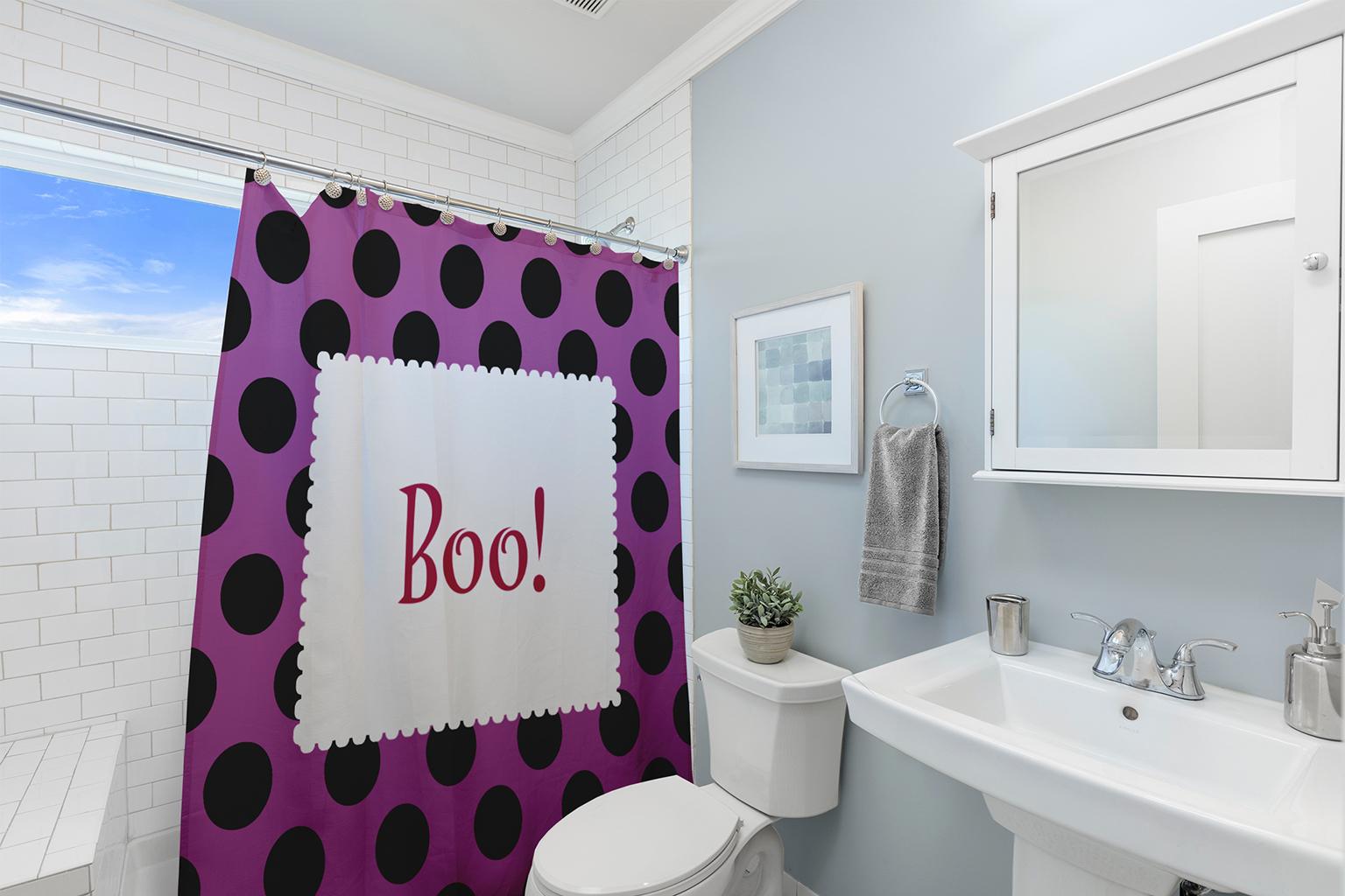 Simply Daisy 70" W x 73" L Halloween Boo Dots Polyester Shower Curtain, Orchid [1 Ct]