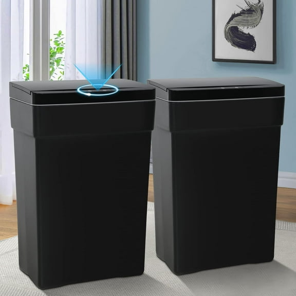 13 Gallon Kitchen Trash Can, Automatic Trash Can 50L Garbage Bin Touch Free Trash Can with Lid High-Capacity Waste Bins for Bedroom Bathroom Home Office Plastic Sensor Trash Can, Black-Set of 2