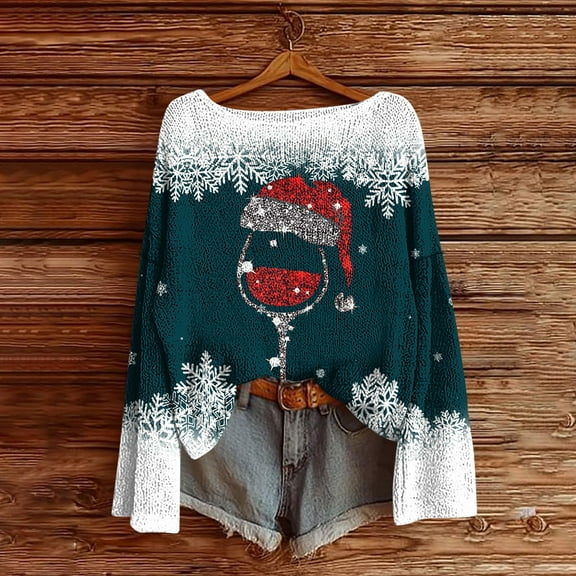 Uootdi Christmas Graphic Print Long Sleeve Sweaters for Women Crewneck Drop Shoulder Knit Pullover Cute Gift Santa Claus Fall Tu nics Tops
