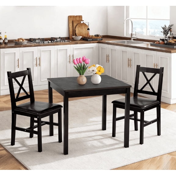 BORGEBY 3-Piece Solid Wood Dining Table with upholstered chairs, space-saving design and easy to clean, suitable for kitchens, apartments, cafes (dark brown)