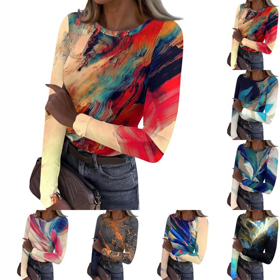 Sexy Tops for Women Long Sleeve Vintage Texture Print Blouses Y2k Going Out Tees Blouses Dressy Casual Crew Neck Spring Day T Shirts Blue S