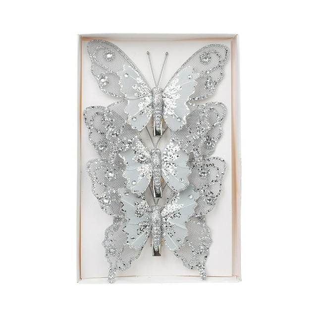 3PCS Christmas Glittering Butterflies Set, Hanging Butterfly Decor with Clips, Glitter Butterfly Ornaments Artificial Hanging Butterfly Clip Decor for Christmas Tree Wedding Decor