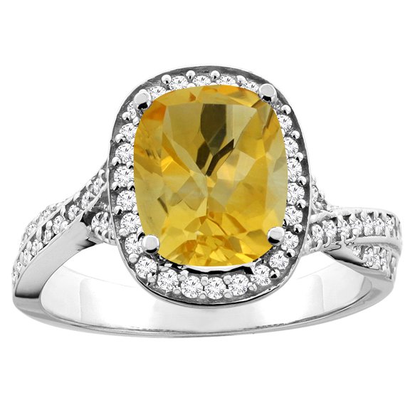 10K White Gold Natural Citrine Halo Ring Cushion 9x7mm Diamond Accent, size 6.5