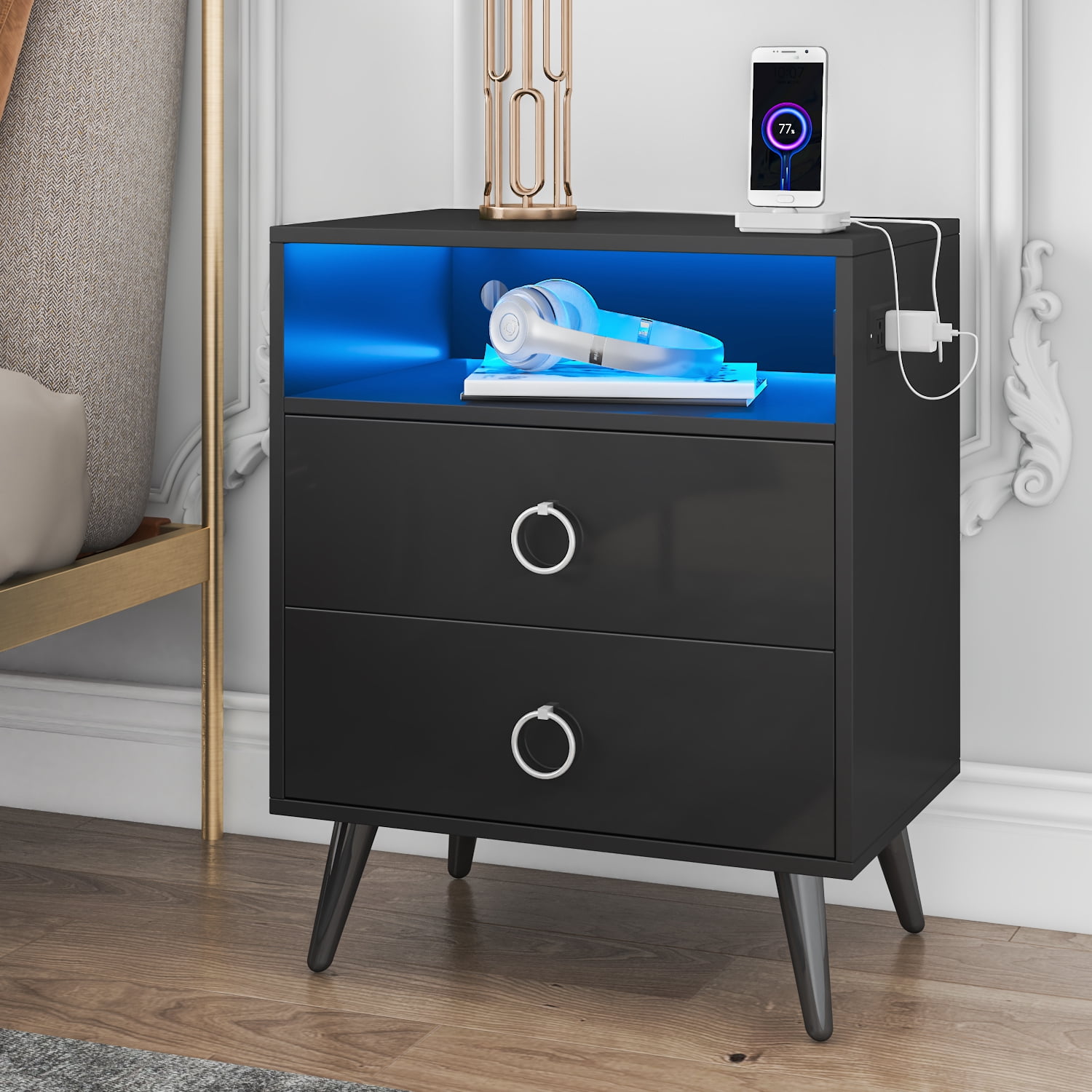 Hommpa LED Nightstand with Charging Station Black LED Bedside Table 2